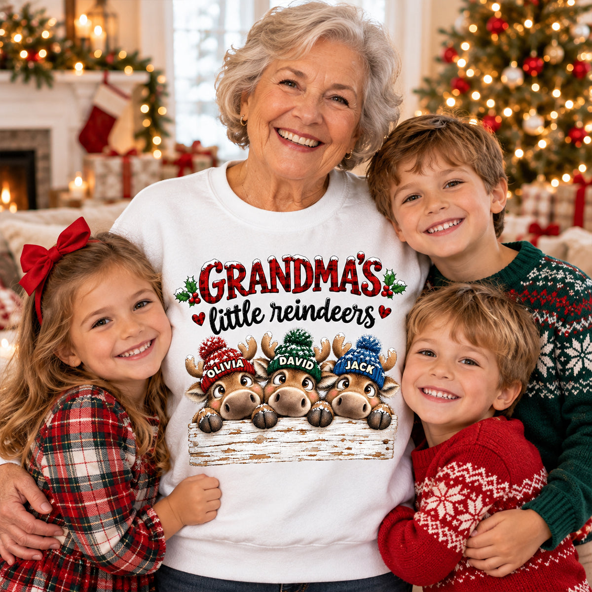 Grandma's Cute Peeking Reindeers - Personalized Shirt - Trendy Christmas Tee for Grandma, Thoughtful Christmas Gift for Mom, Wife