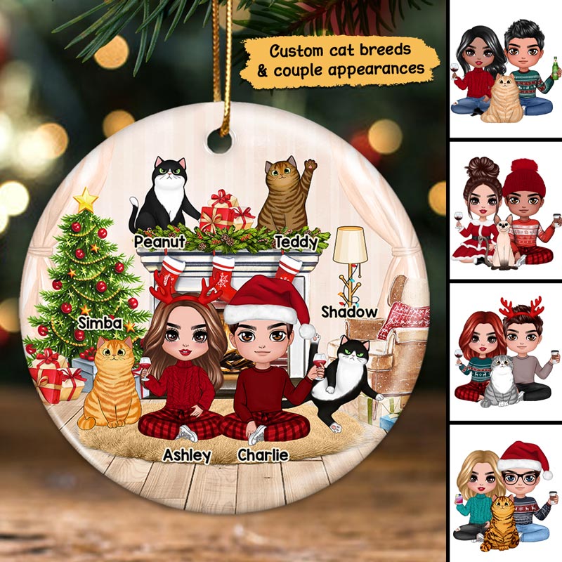 Couple And Cats Fireplace Christmas Personalized Circle Ornament