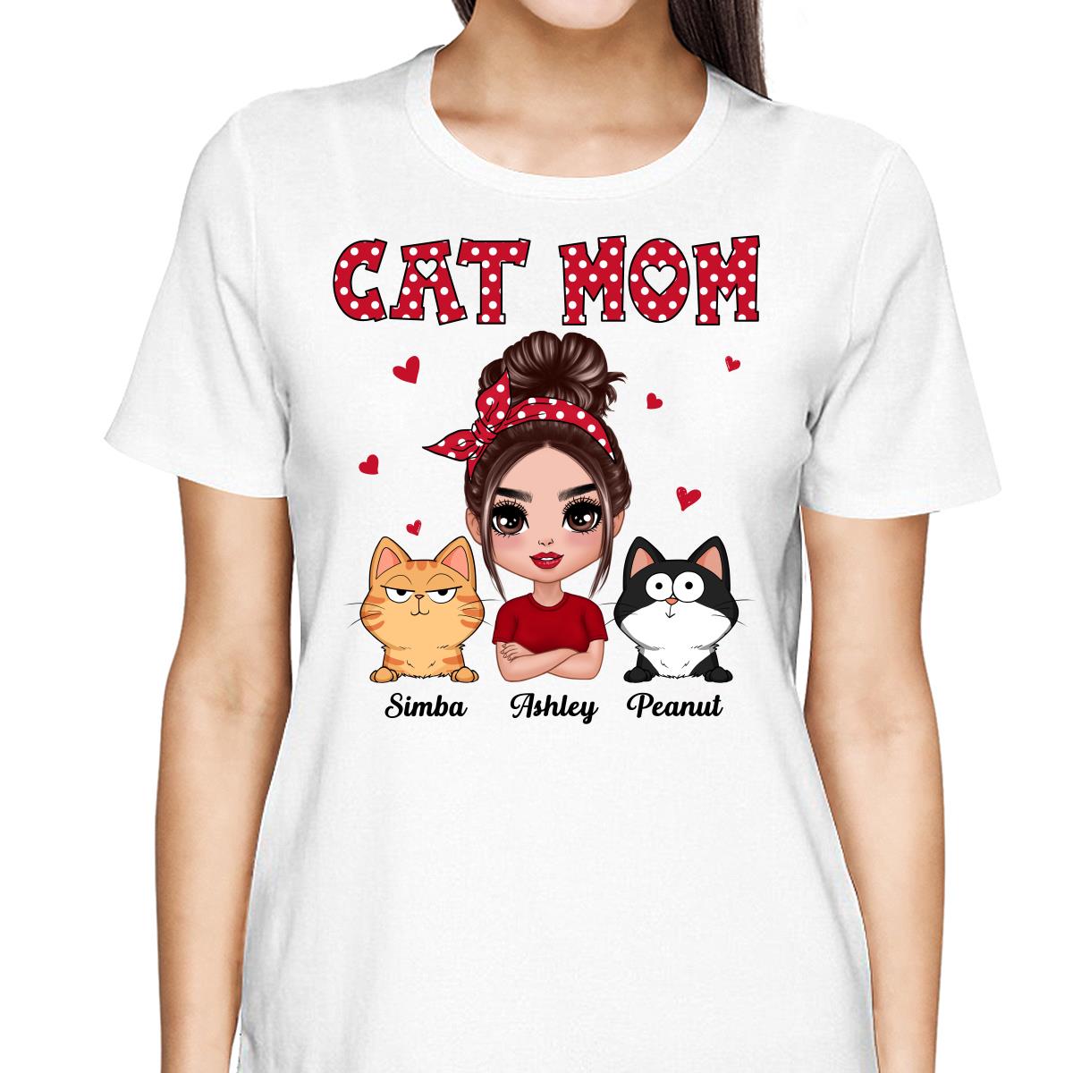 Polka Dot Pattern Doll Cat Mom Funny Cat Expressions Personalized Shirt