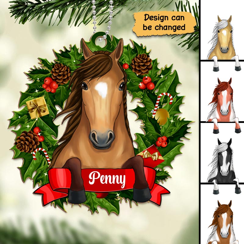 Christmas Wreath Peeking Horse Personalized Wooden Ornament