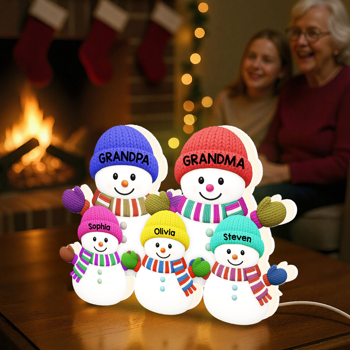 3D Effect Heartwarming Christmas Grandma Grandpa And Grandkids Snowman Together - Personalized Light Box - Christmas Decoration For Grandparents