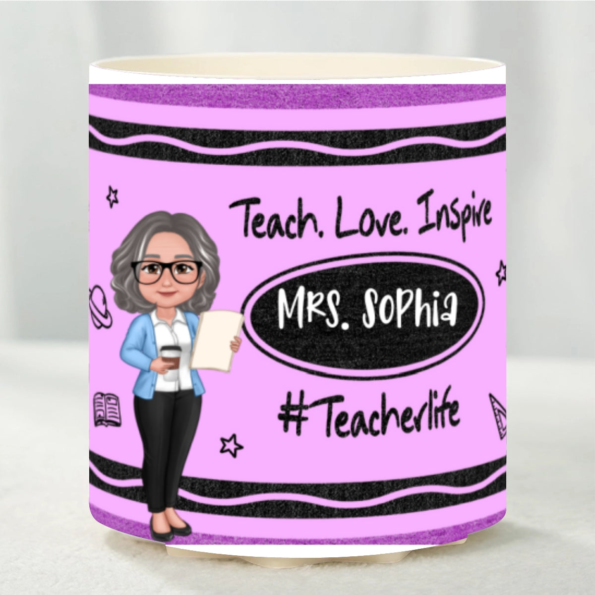 Teacher Crayon Pattern Personalized Rotating Pen Holder, Teacher Appreciation Gift, Back To School Gift