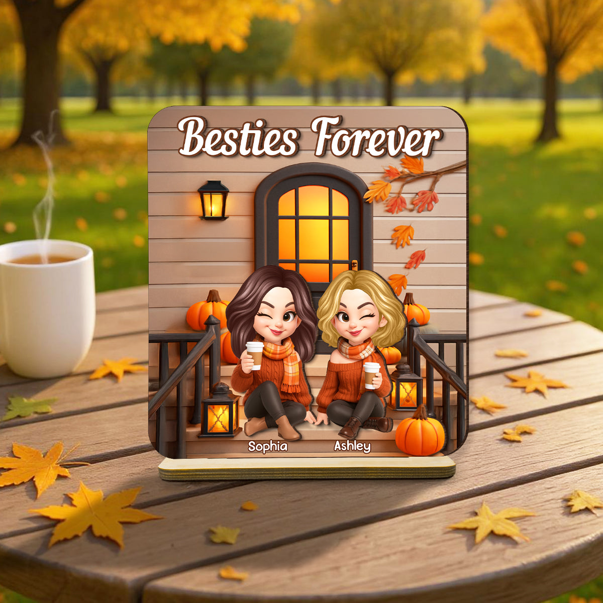 Fall Season Besties Forever Personalized Standing Wooden Plaque, Fall Gift for Best Friends