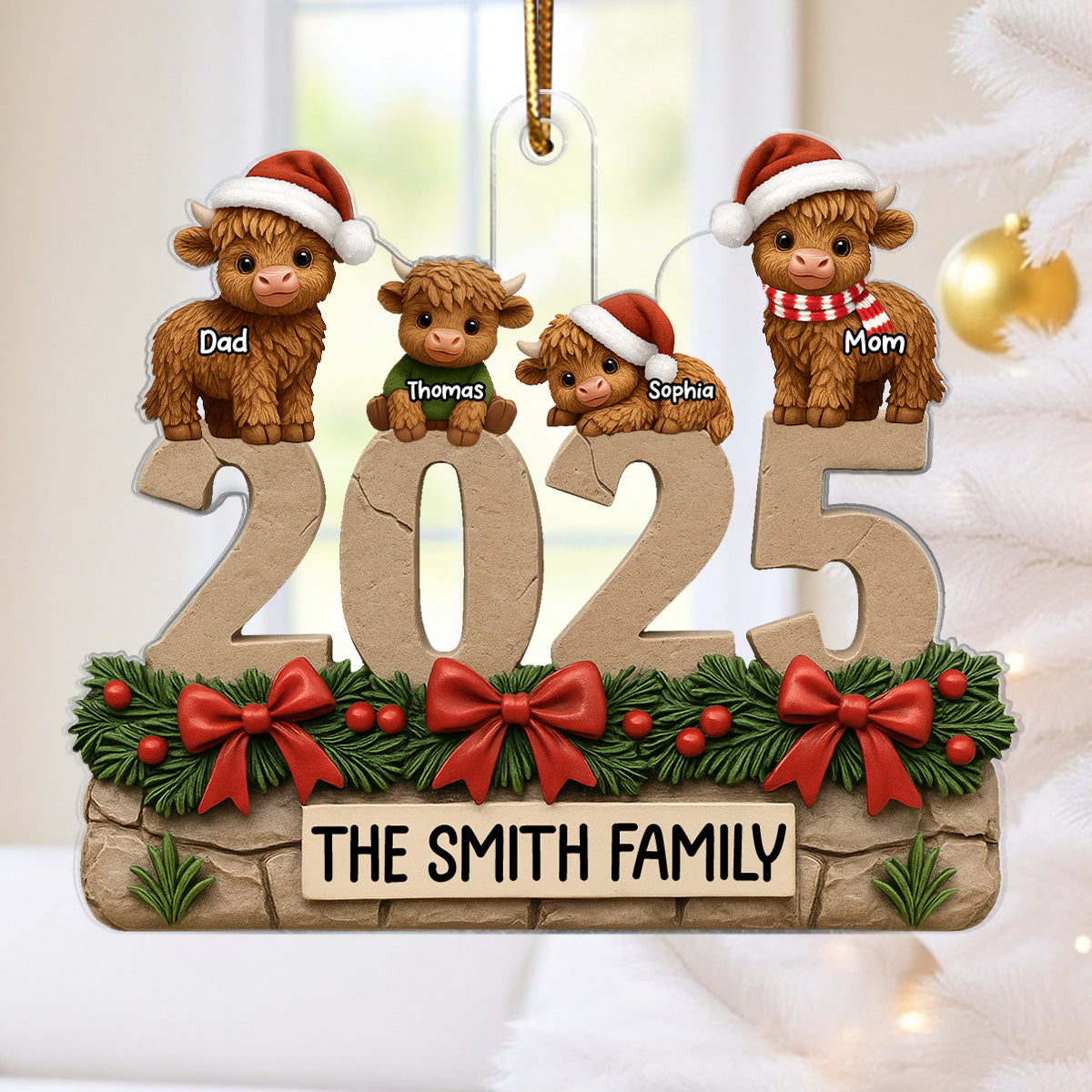 3D Effect Christmas Highland Cows Family Dad Mom Kids - Personalized Acrylic Ornament - Gift For Family