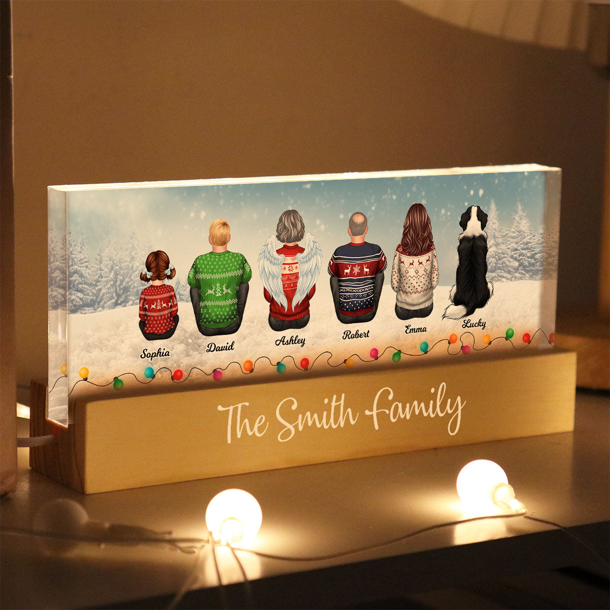 Family Back View Sitting In Snow Christmas Light Personalized Acrylic Block LED Night Light