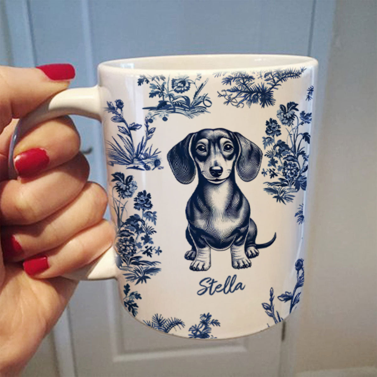 Vintage Blue Floral Pattern Dogs Personalized Mug, Gift For Dog Lovers