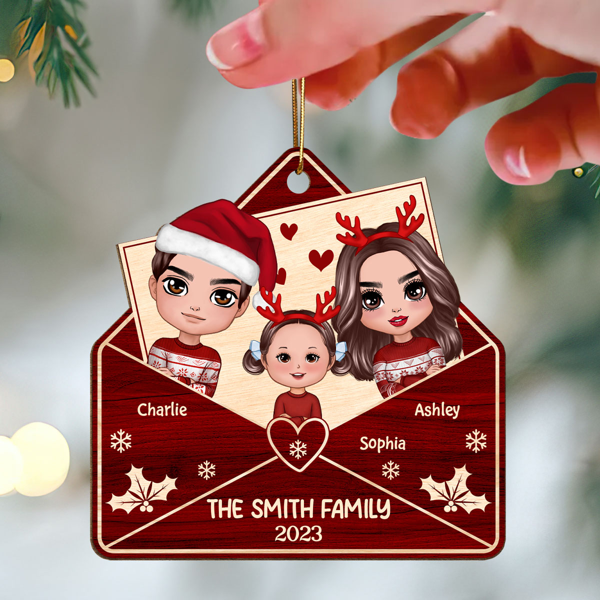 Doll Family In Envelope Christmas Gift Personalized Wooden Ornament