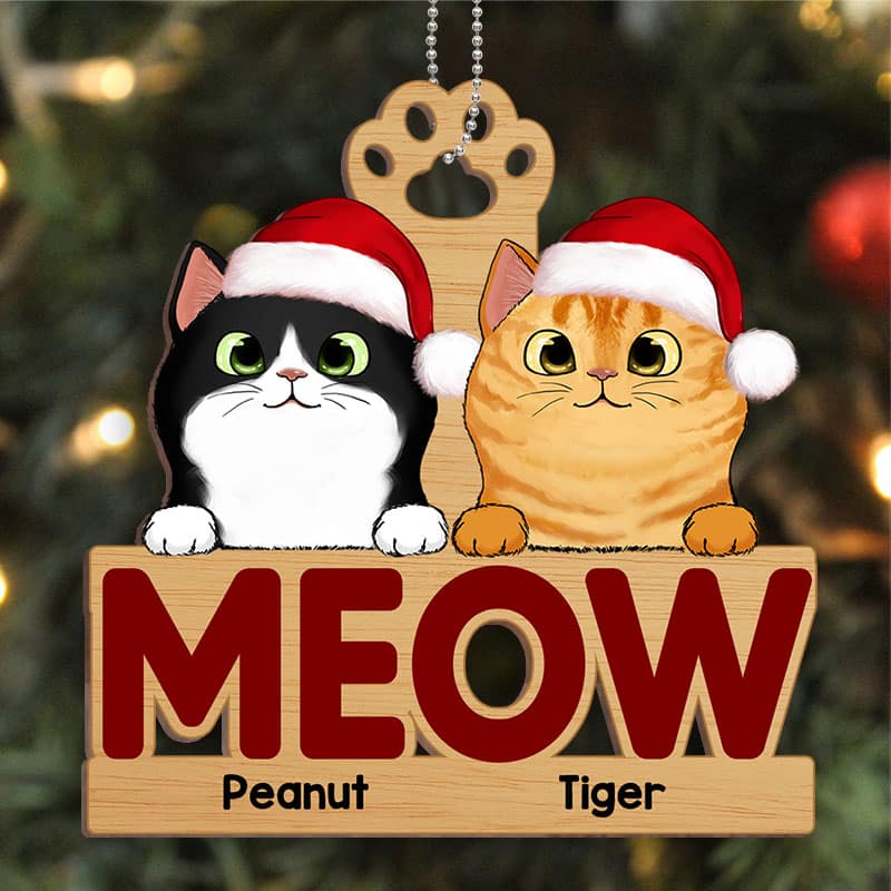 Fluffy Cats Meow Christmas Personalized Wooden Ornament