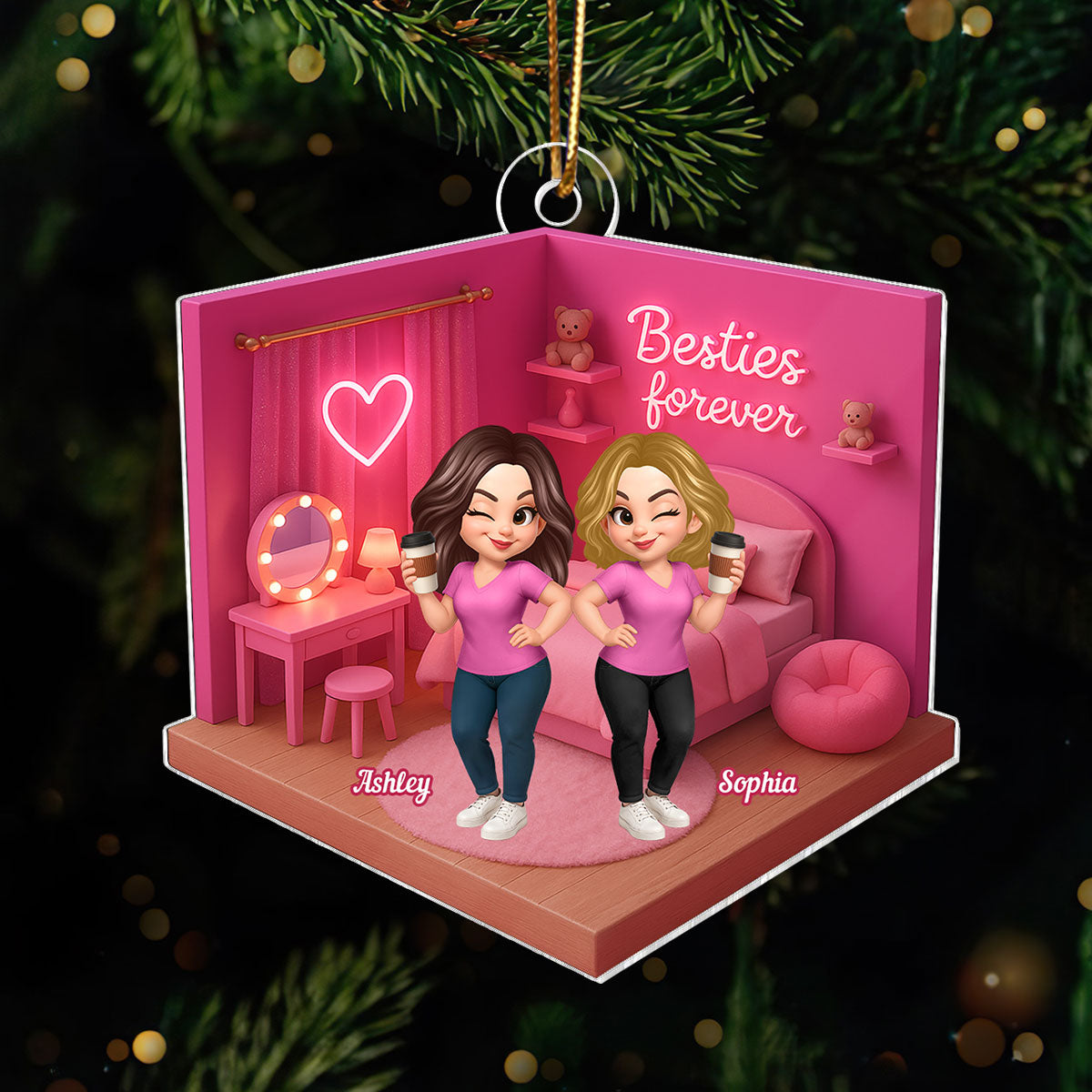 3D Effect Besties Pink Tone Dream Dollhouse Personalized Flat Acrylic Ornament