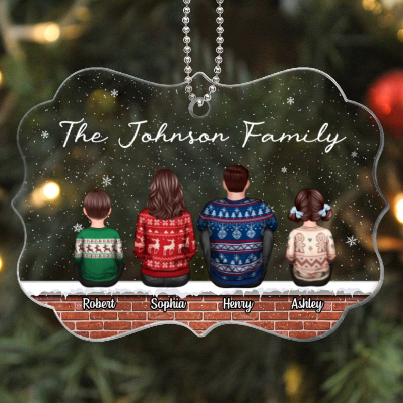 Family Back View Sitting On Brick Wall In Snow Personalized Acrylic Ornament