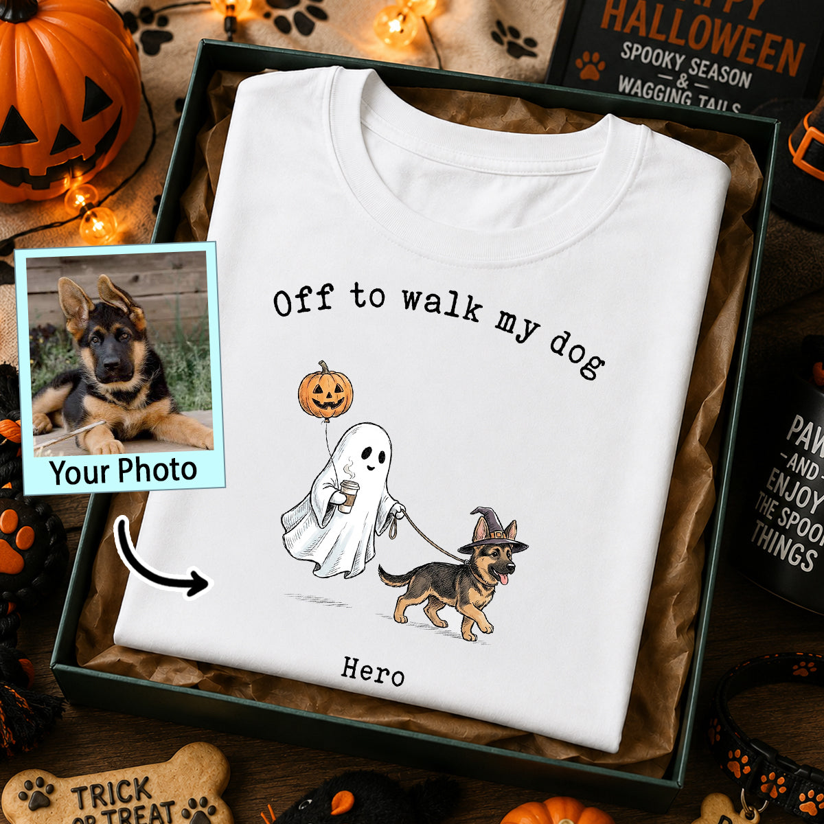 Off to Walk My Dog - Personalized Shirt - Halloween Spooky Ghost Trendy Tee for Dog Moms, Dog Dads