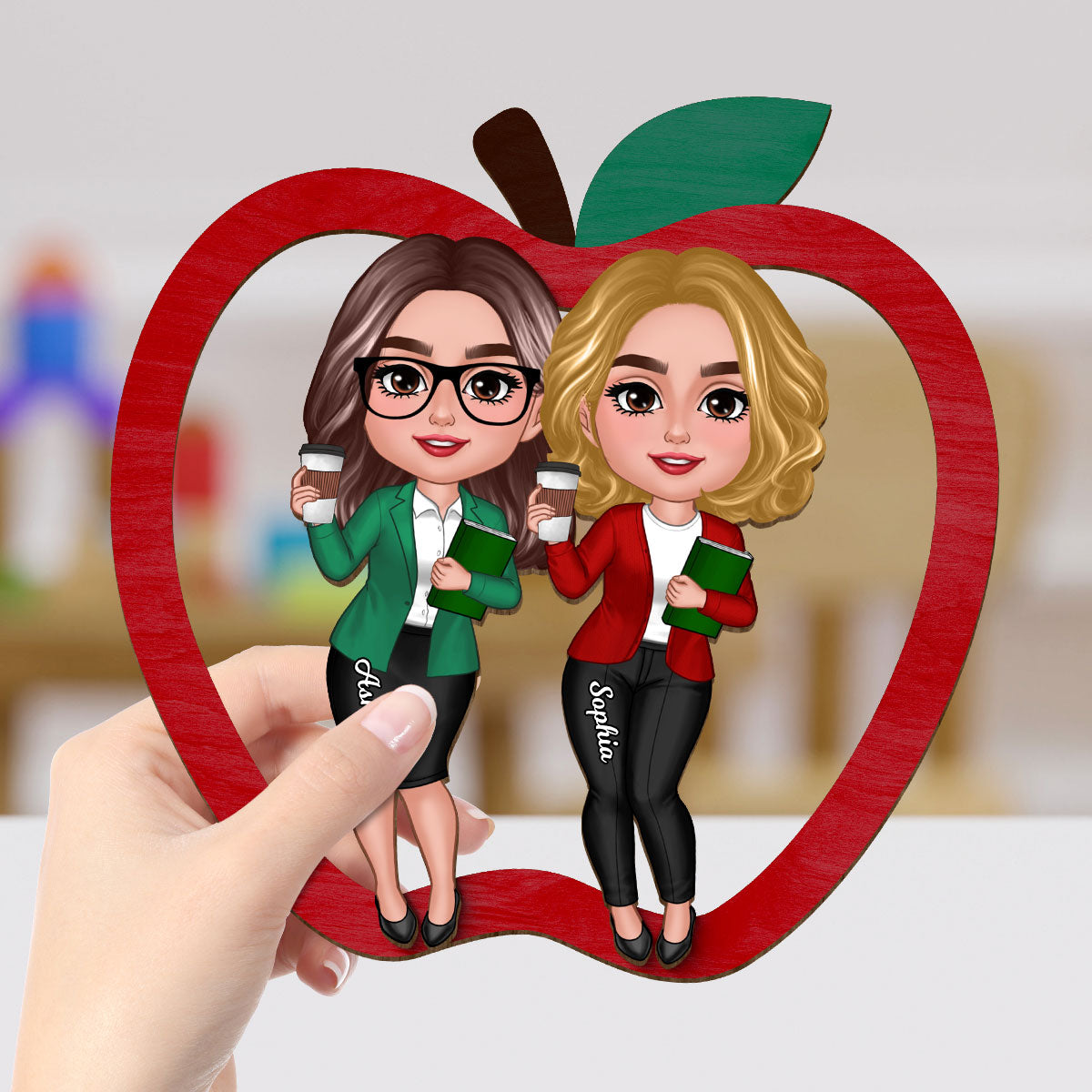 Doll Teacher Besties Colleagues Personalized 2-Layer Apple Shaped Wooden Plaque