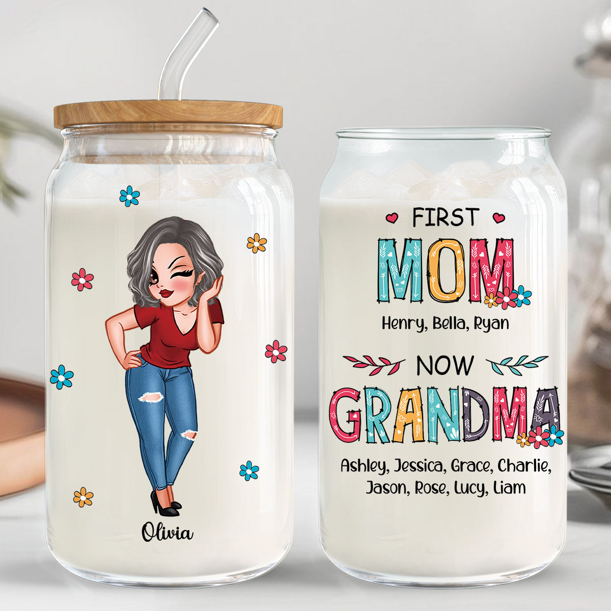 First Mom Now Grandma Personalized Clear Glass Can