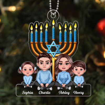 Family Crossed Legs Sitting Under Lights of Menorah Hanukkah 2023 Personalized Acrylic Ornament