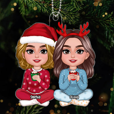 Christmas Doll Besties Sisters Sitting Together Personalized Acrylic Ornament
