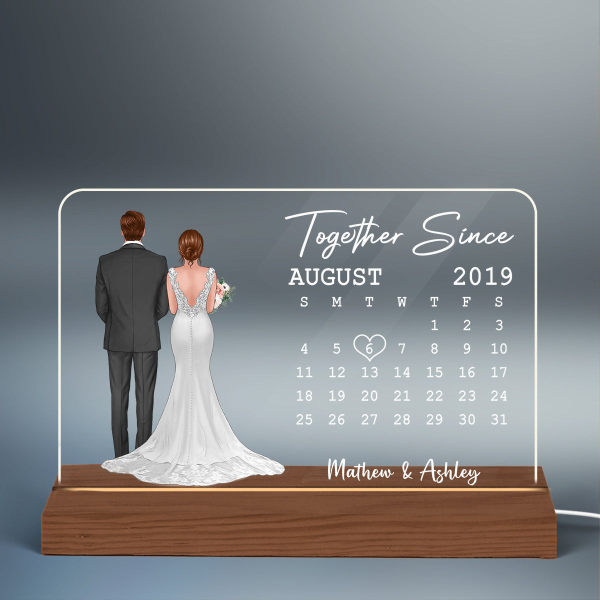Back View Couple Wedding Anniversary Date Calendar Bride & Groom Rectangle Personalized Custom Shape Acrylic Plaque With LED Night Light - Anniversary Gift For Couple - Gift For Him - Gift For Her
