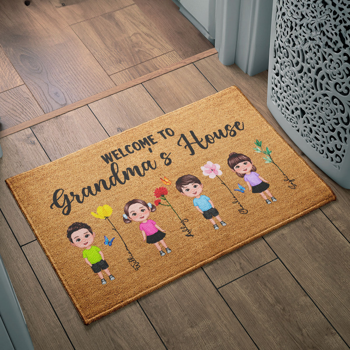 Welcome To Grandma Grandpa Grandparents House Grandkids Standing Watercolor Flowers Personalized Doormat