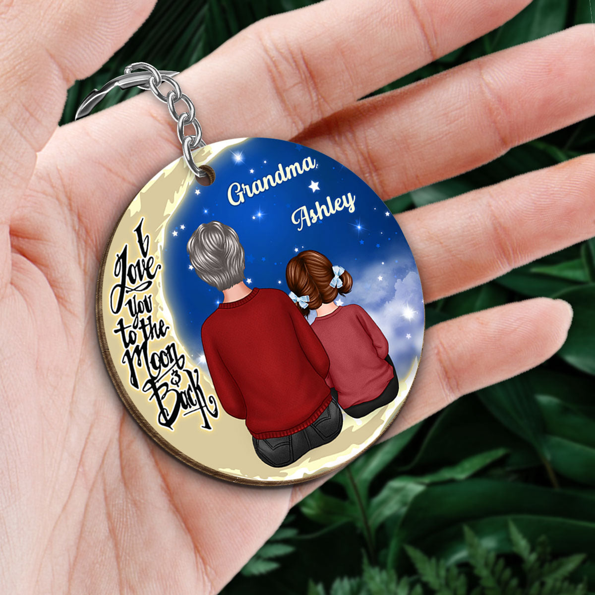 Grandma Grandkid On Moon Gift For Grandma Granddaughter Grandson Personalized Wooden Keychain