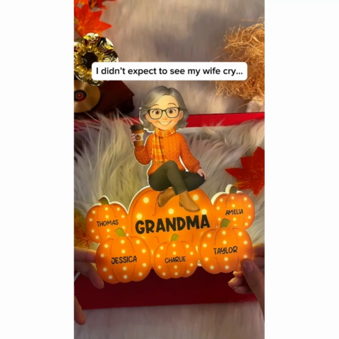 Fall Season Grandma Sitting On Marquee Pattern Texture Pumpkins Personalized LED Light Box, Cozy Grandma's Home Decoration