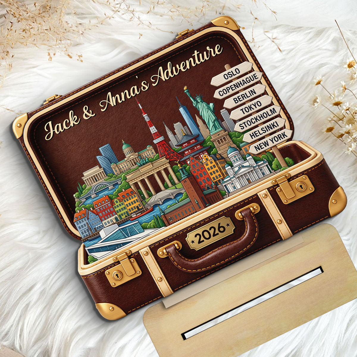 Custom Travel Adventure Suitcase 2D Flat Printed - Personalized 2-Layered Wooden Plaque - Traveling Destination Keepsake, Christmas Gift For Traveling Lovers