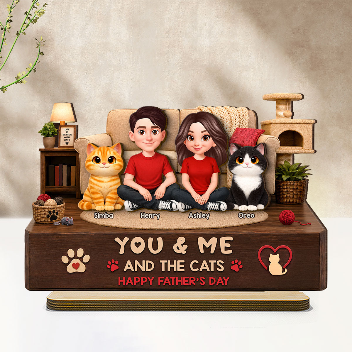 You & Me And The Cats Cozy Room - Personalized 2-Layered Wooden Plaque - Father's Day Gift For Cat Dad