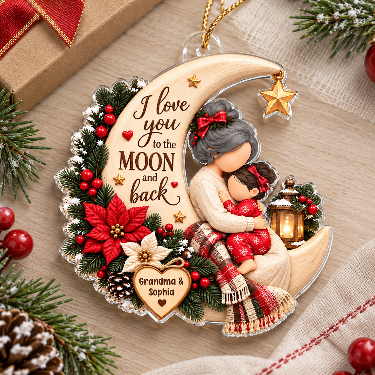 Grandma Loves Grandkid to the Moon and Back - Personalized Acrylic Ornament - Christmas Gift for Granddaughter, Grandson, Grandma