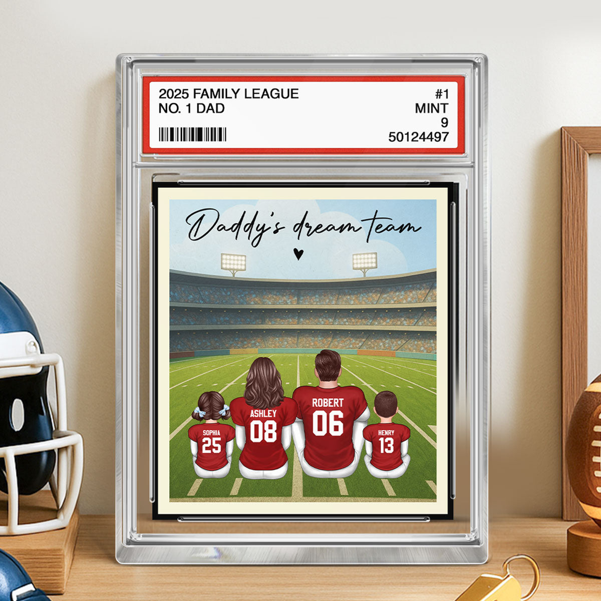 American Football Daddy's Dream Team No. 1 Dad Man & Kids Sitting Trading Card Style - Personalized Acrylic Block Plaque