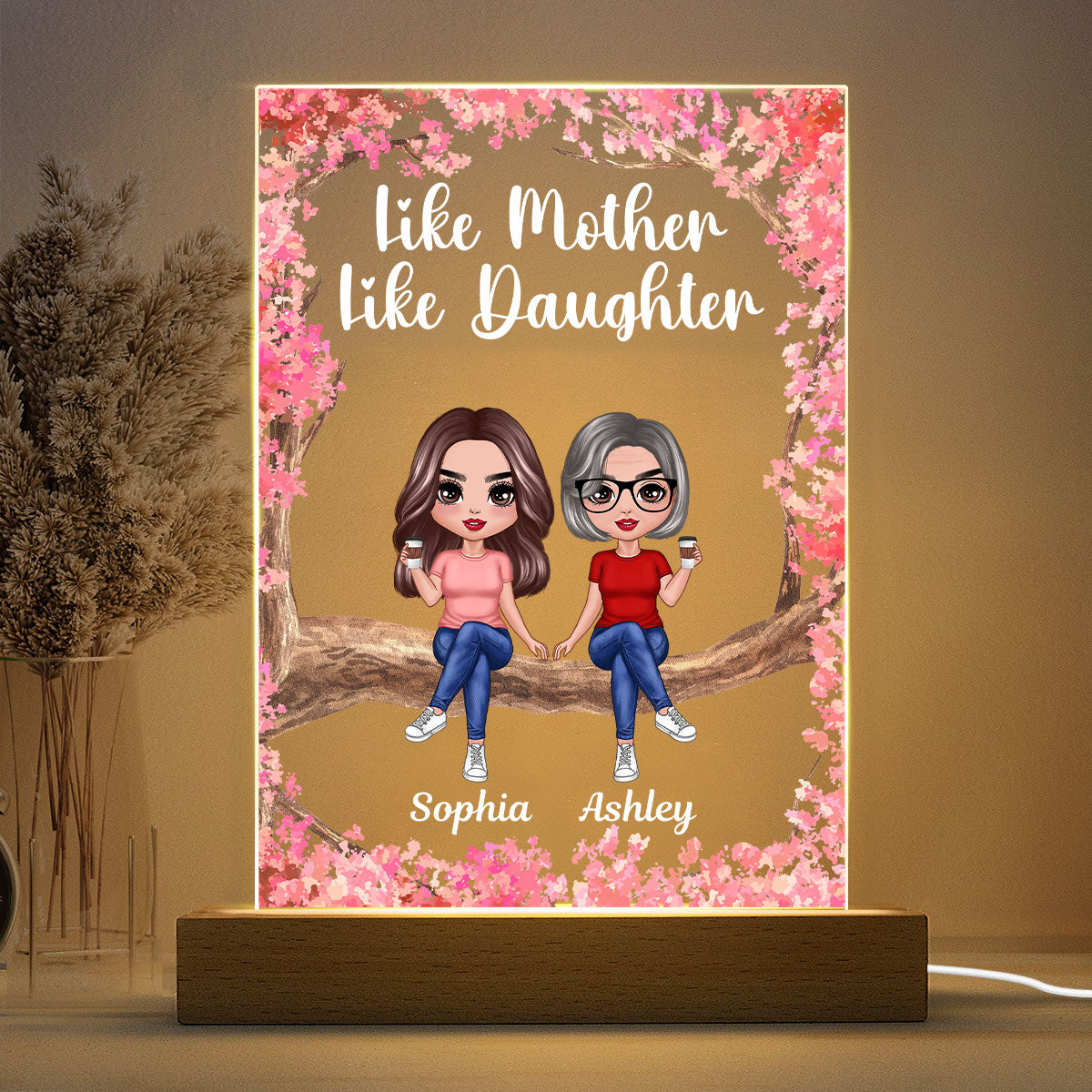 Doll Mother Daughters Sitting On Pink Tree Personalized Rectangle Acrylic LED Night Light