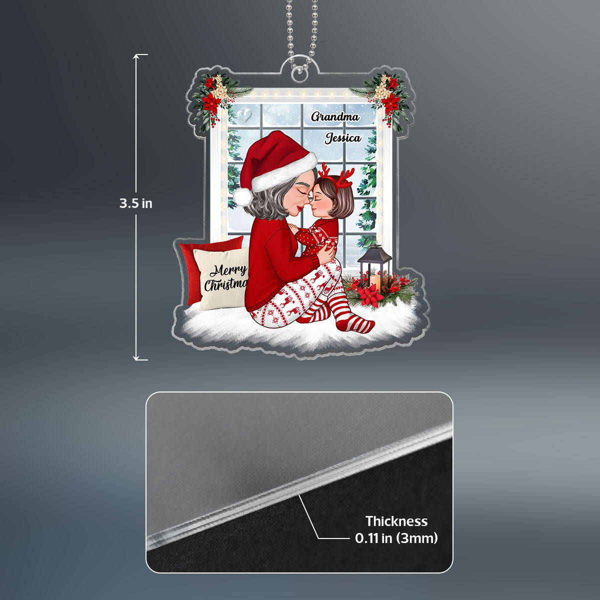Grandma Holding Kid Side View Sitting By Christms Window Personalized Acrylic Ornament