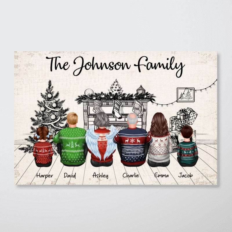 Sketch Background Christmas Family Back View Sitting Together At Fireplace Personalized Poster