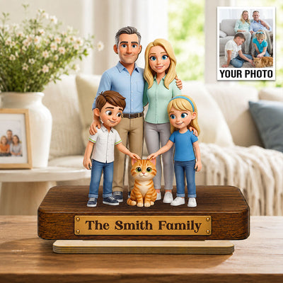 Cartoon Family Portrait From Photo 2D Flat - Personalized Wooden Plaque