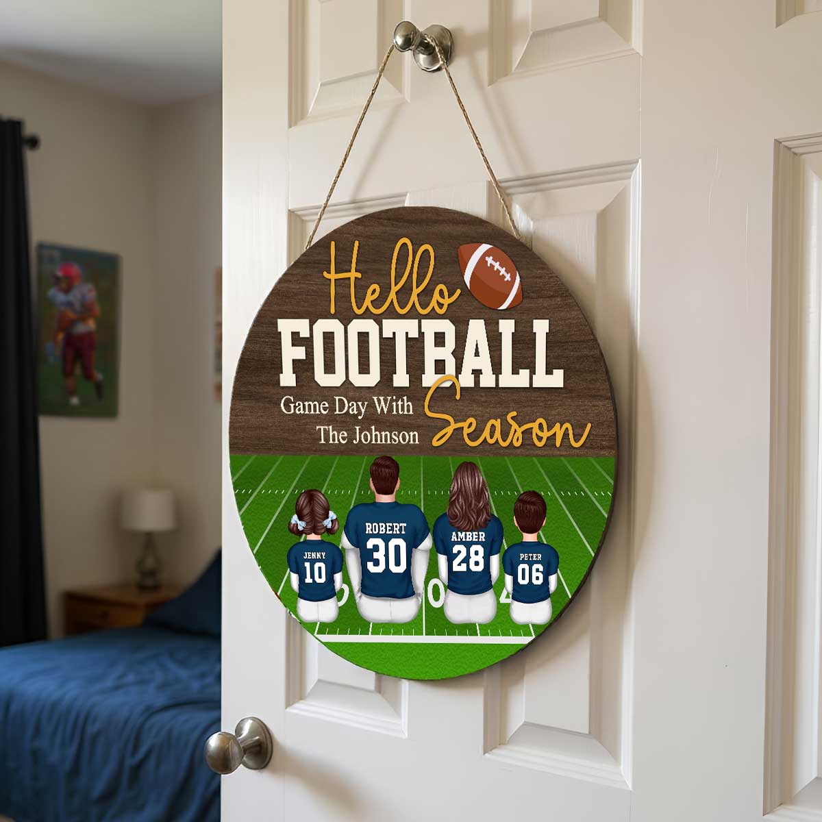 Hello Football Season Personalized Round Door Hanger, Family Fall Decor