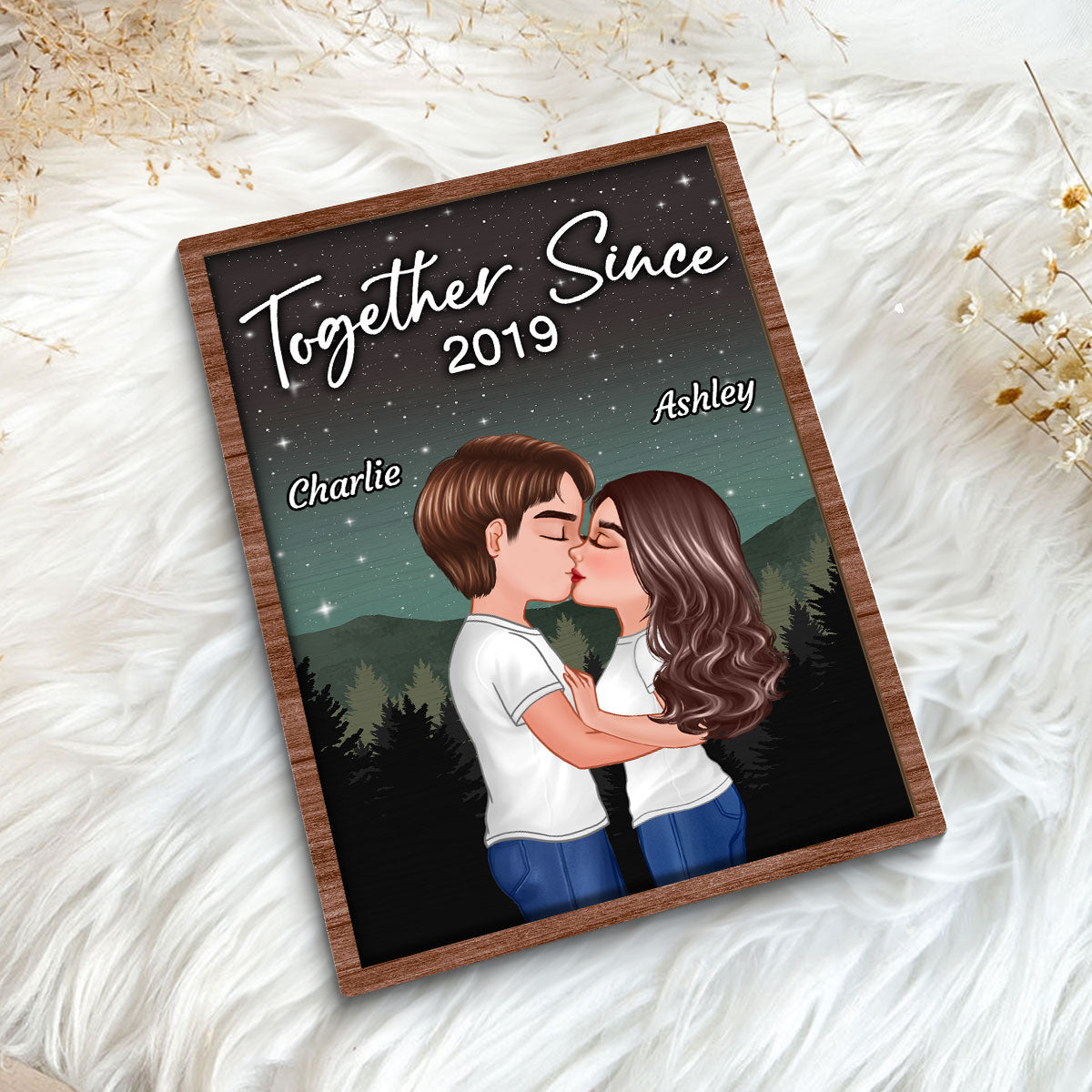 Couple Kissing Under Sky Night Personalized 2-layer Wooden plaque