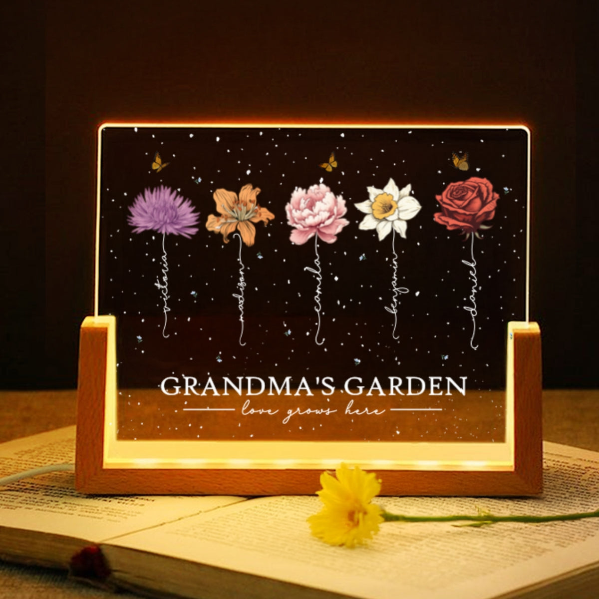Grandma's Garden Love Grows Here Birthmonth Flowers Personalized U-Base Acrylic LED Night Light, Grandkids Names Floral Gift