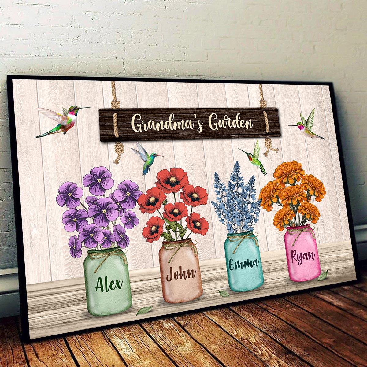 Hummingbird Custom Birth Month Flowers Grandma‘s Garden Personalized Horizontal Poster