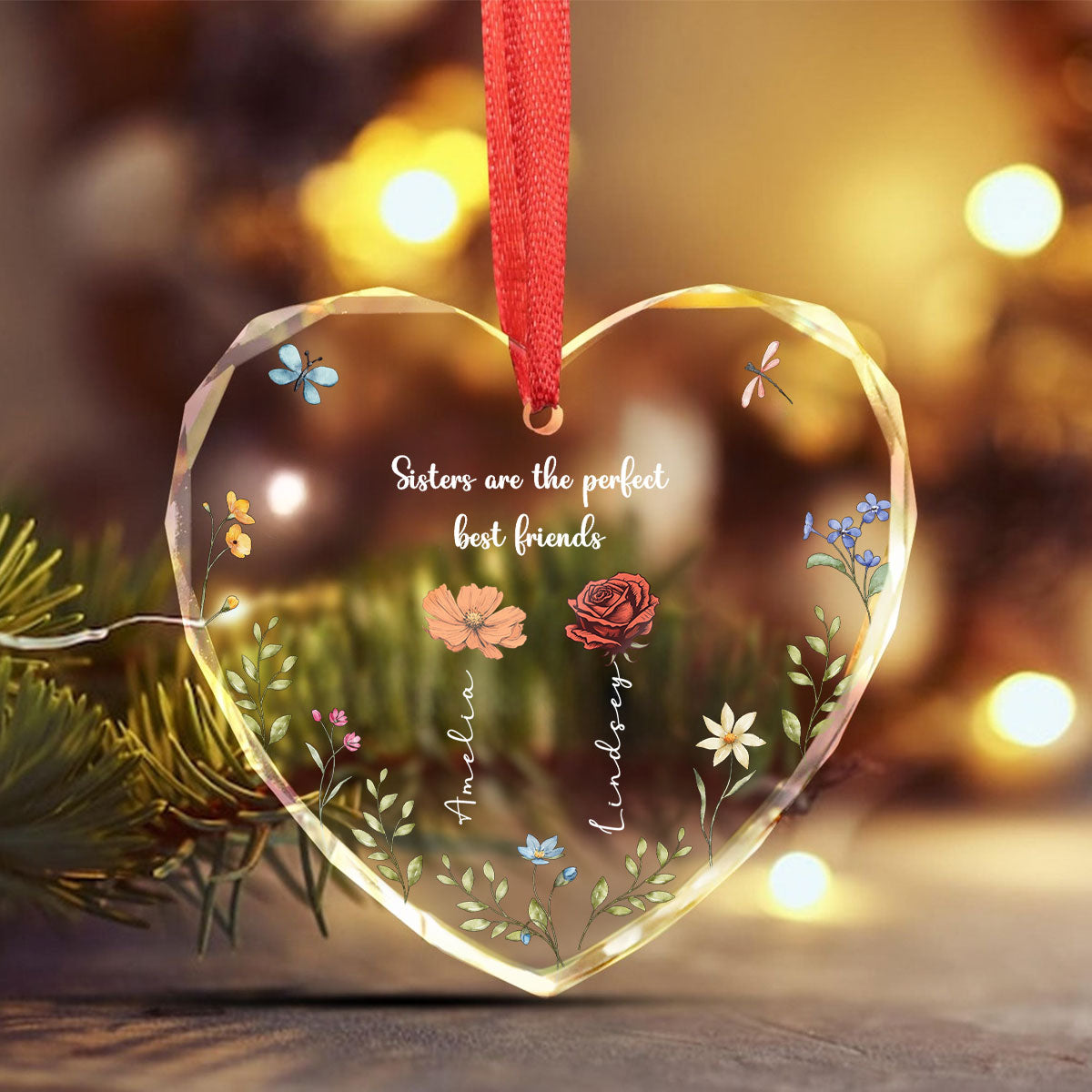 Sisters Are Different Flowers From The Same Garden Personalized Heart Glass Ornament, Christmas Gift For Sisters