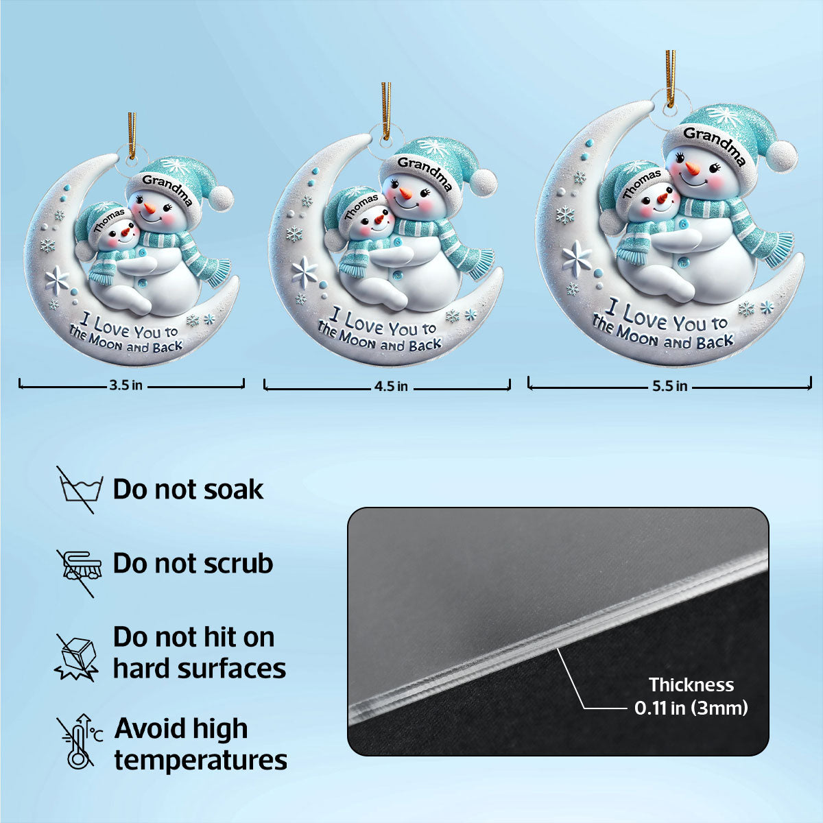 3D Effect Snowman Grandma & Hugging Grandkid On The Moon - Personalized Acrylic Ornament - Gift For Granddaughter, Grandson