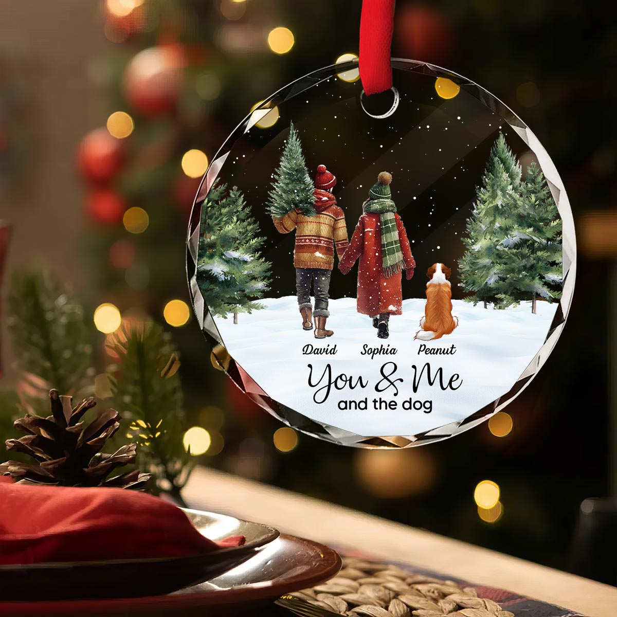 Couple You & Me And The Dog In Snowy Christmas Personalized Glass Ornament
