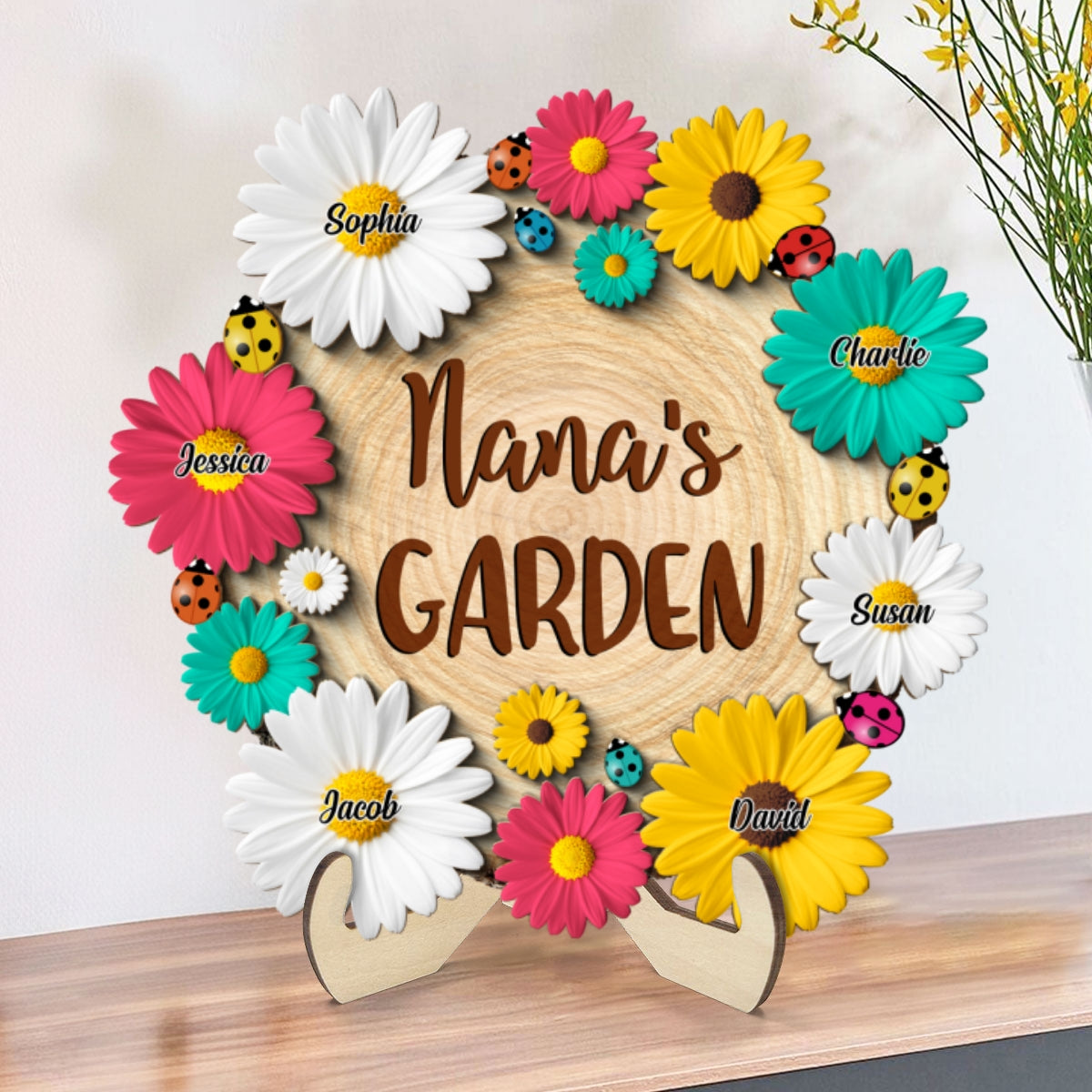 Grandma Mom Garden Flowers Personalized 2-Layer Wooden Plaque