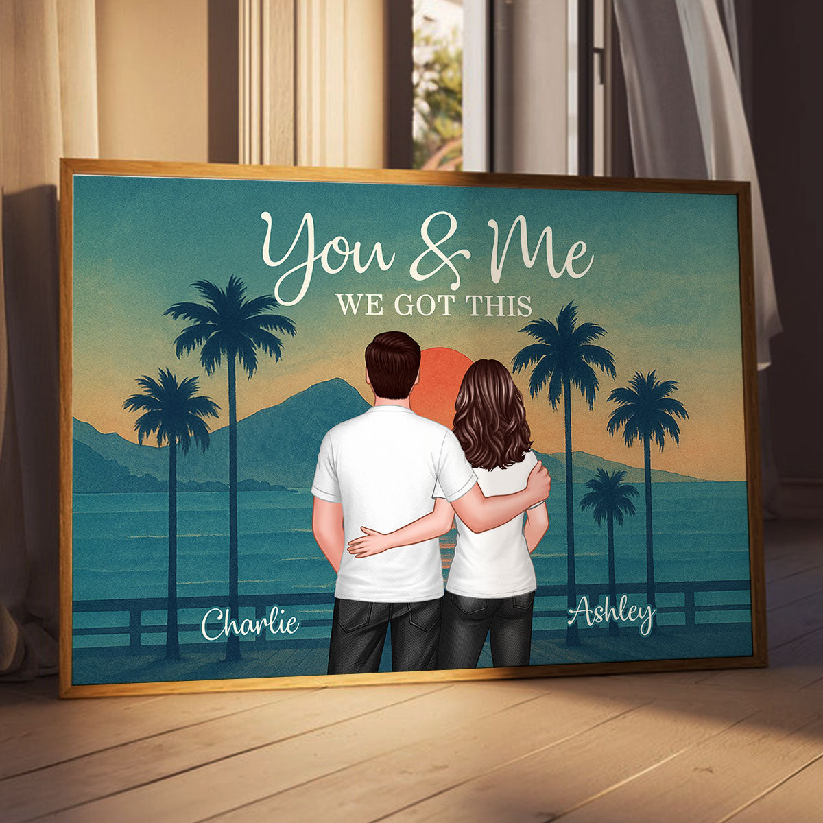 Retro Back View Couple Standing Hugging Personalized Poster, Anniversary gift for him, for her