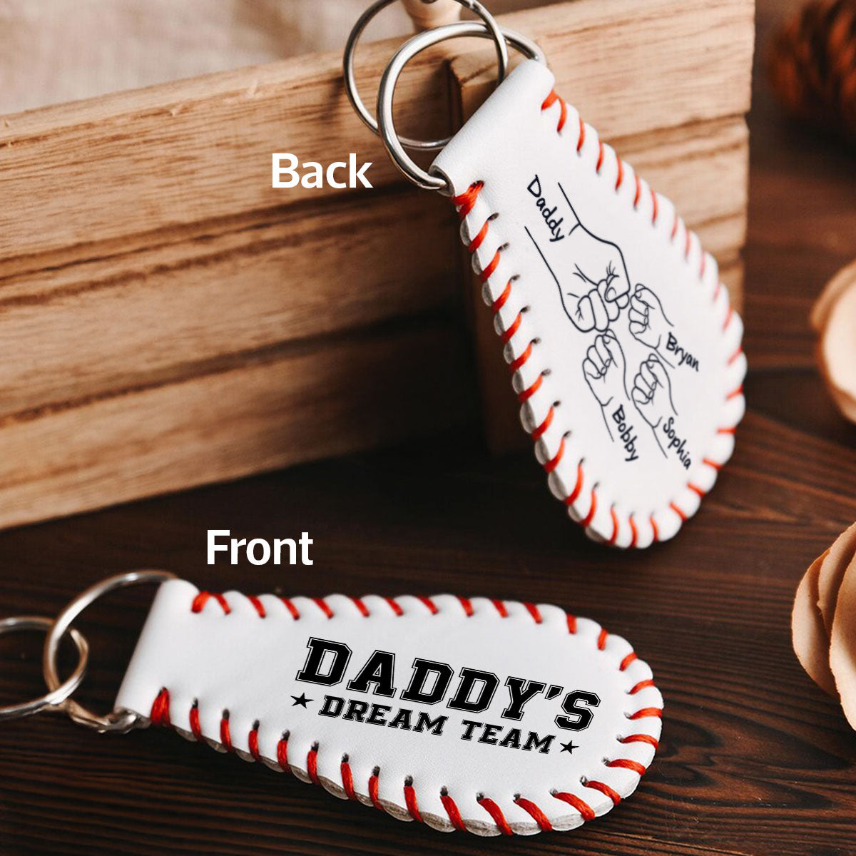 Baseball Family Team Daddy's Team Fist Bumps Personalized Baseball Leather Keychain