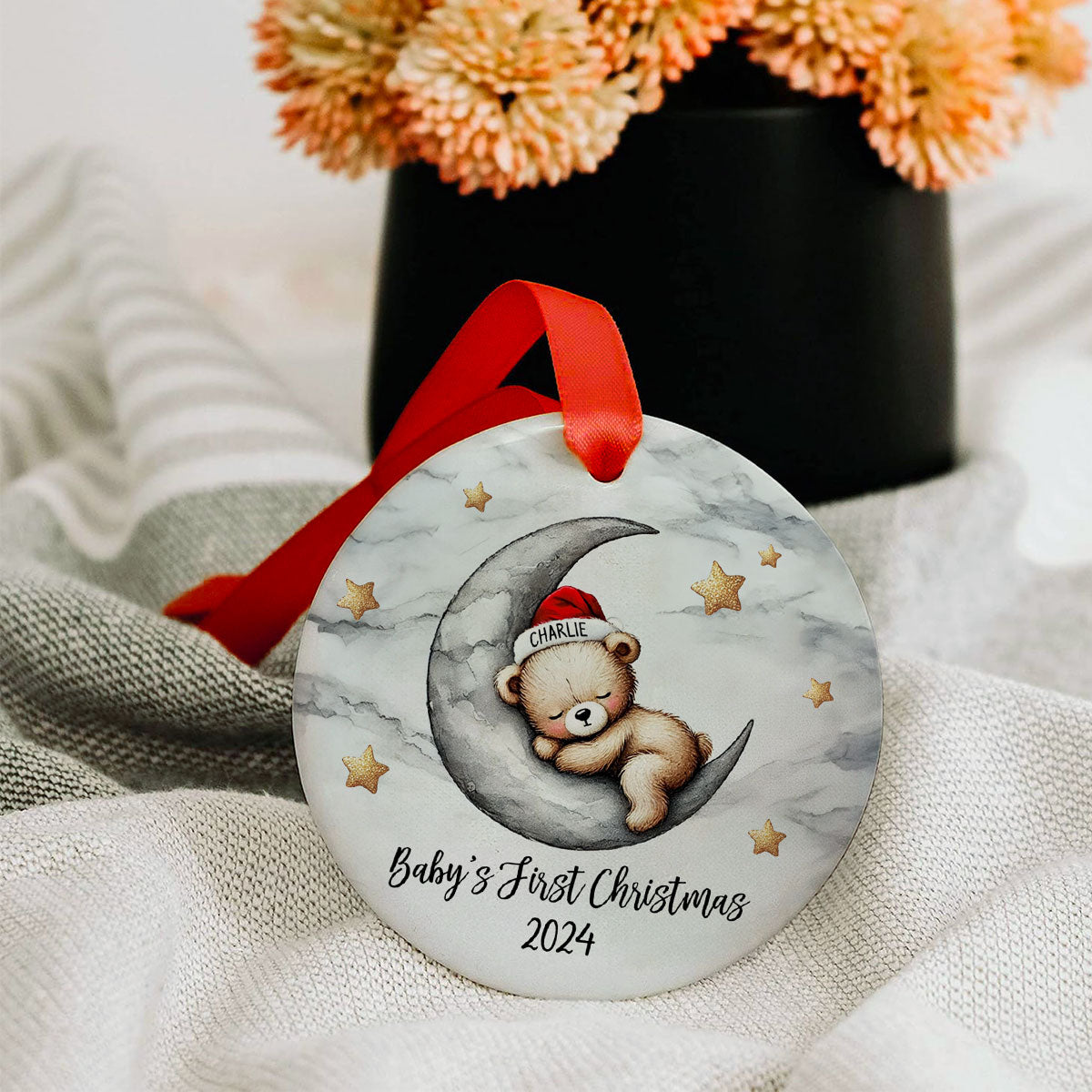 Baby Bear On The Moon, Baby's First Christmas Personalized Ceramic Ornament, Christmas Keepsake for Baby Boy, Baby Girl