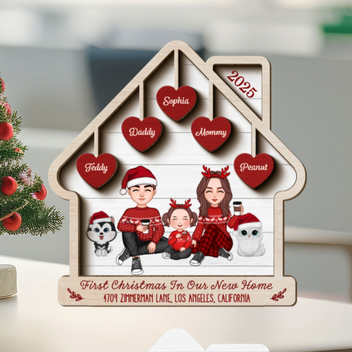 First Christmas In Our New Home Personalized 2 Layer Standing Wooden Plaque, Christmas Housewarming Gift