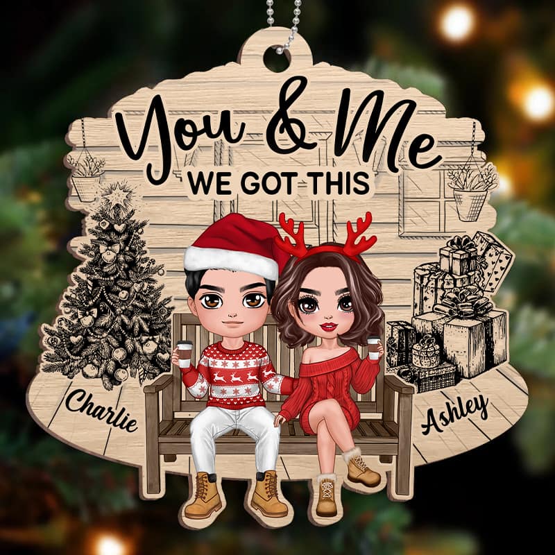 Christmas Couple Sitting Front Porch Sketch Personalized Wooden Ornament