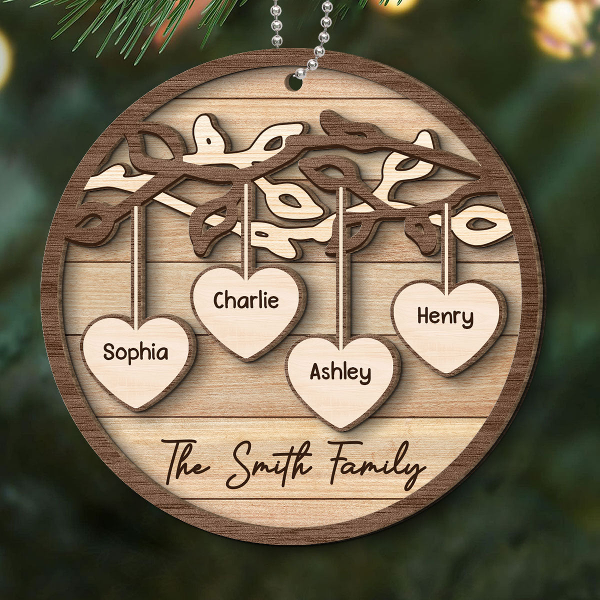Family Tree Hanging Hearts Personalized 2-Layer Wooden Ornament, Christmas Gift For Family