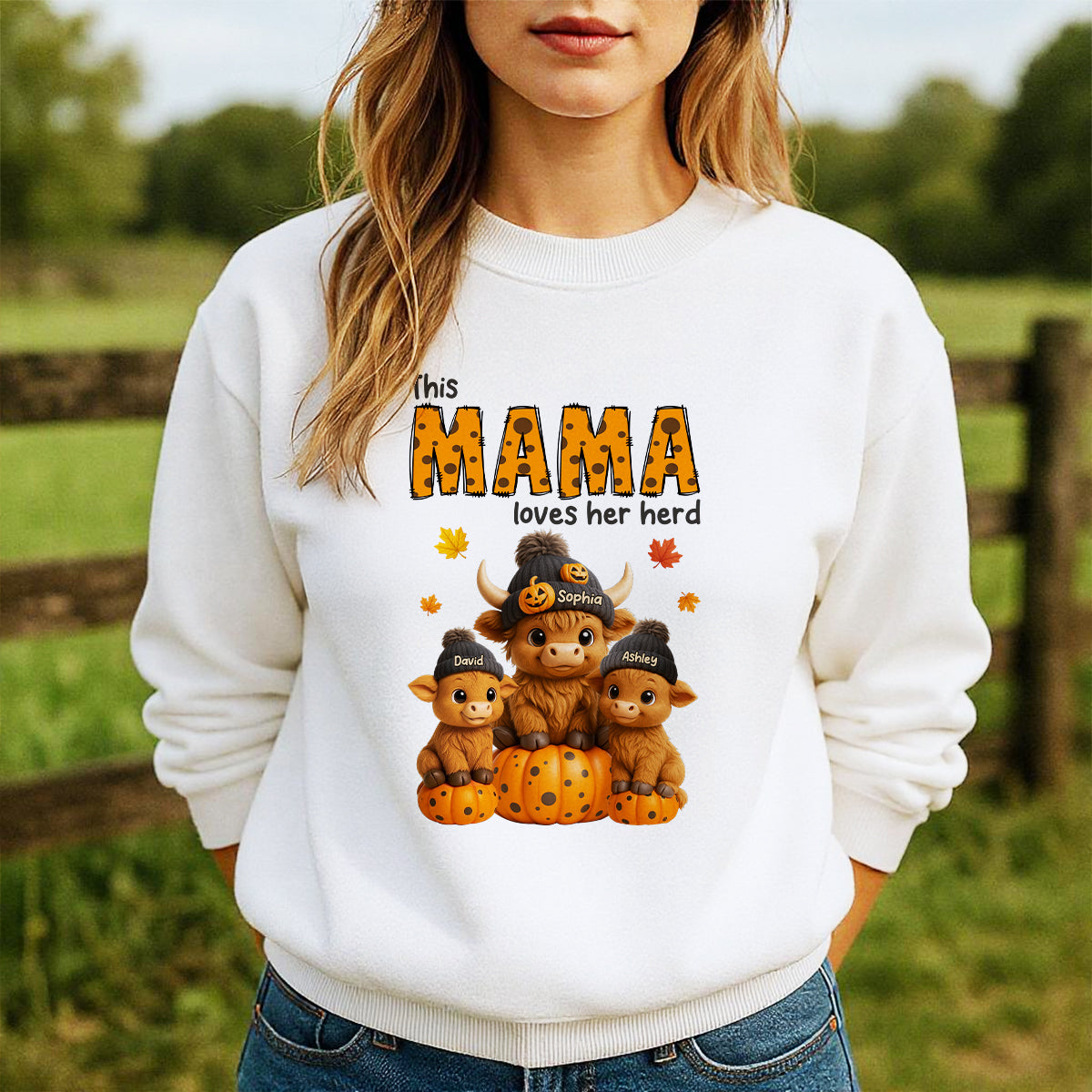 This Mama Loves Her Herd Cute Highland Cow Pumpkin Personalized Sweatshirt, Fall Sweatshirt for Mom Grandma