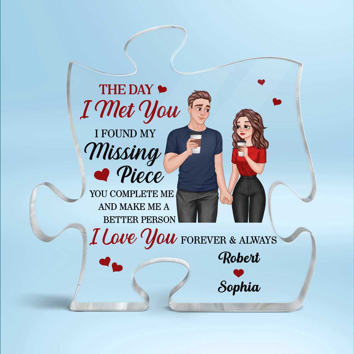 Cartoon Couple Hand In Hand Found My Missing Piece Personalized Puzzle Acrylic Plaque - Anniversary Gift For Him For Her