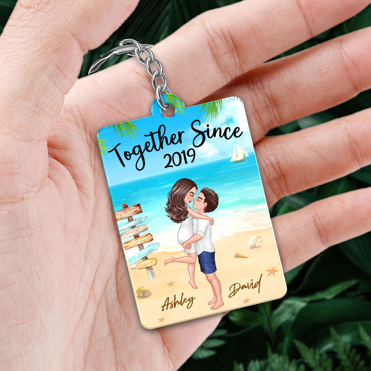 Doll Couple Hugging Kissing On The Beach Favorite Song Scannable QR Code Personalized Acrylic Keychain