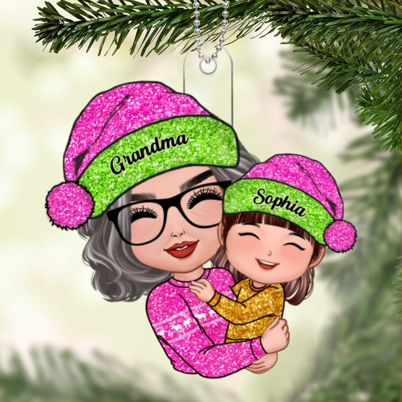 Grandma Hugging Grandkids Pink Sparkling Pattern Personalized Acrylic Ornament