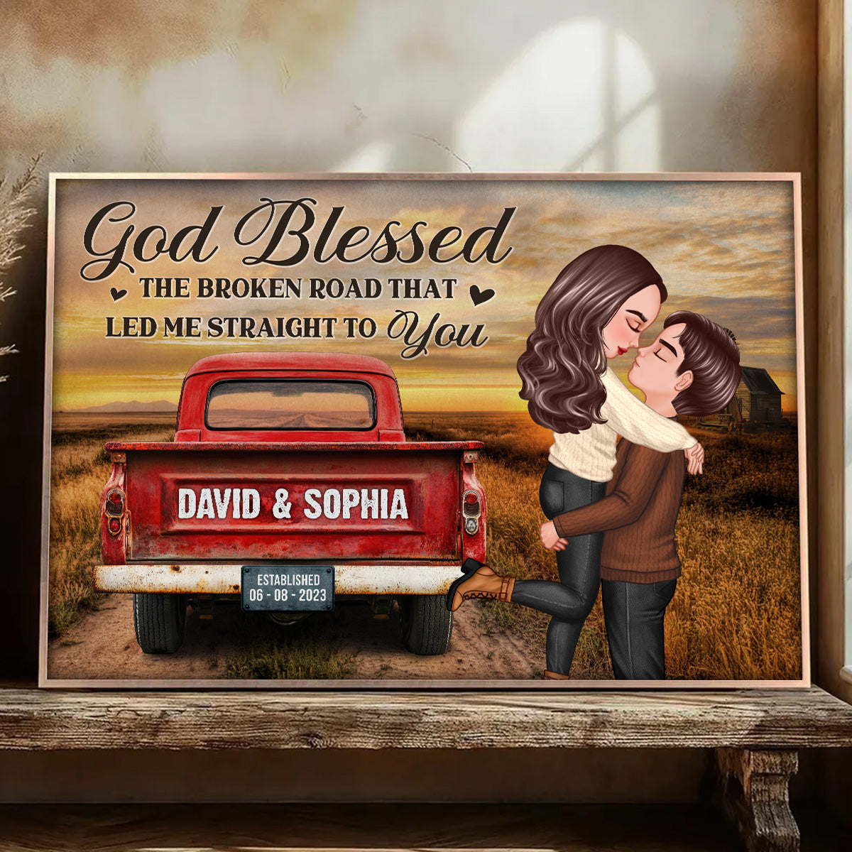 Rustic Nostalgia Red Truck Couple Hugging Kissing - Personalized Poster - Heartfelt Valentine, Anniversary Gift For Him, For Her, Farmhouse Decor